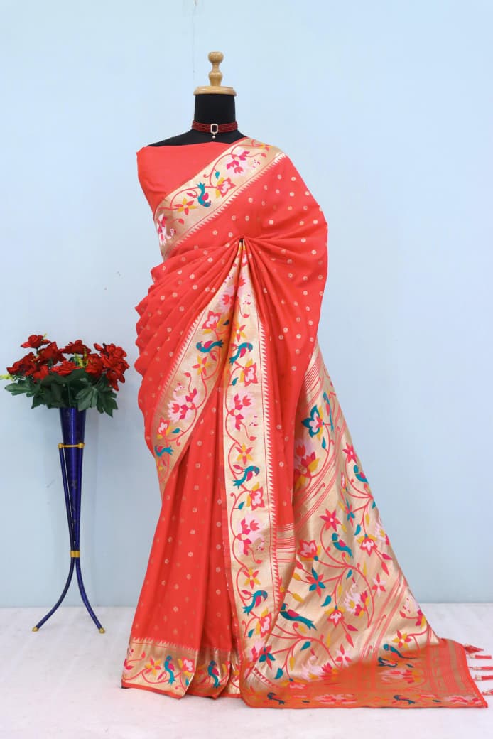Royal Olive Paithani Banarasi Soft Silk Saree - ORANGE