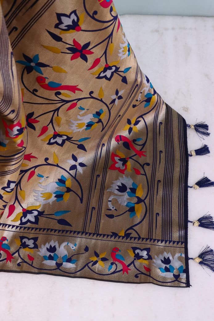 Royal Olive Paithani Banarasi Soft Silk Saree - NAVY BLUE