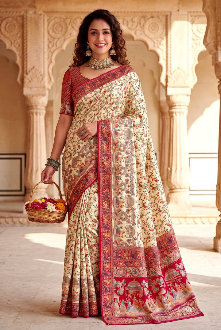 Royal Rajwadi Pashmina Silk Kashmiri Weaving Saree-OFF WHITE