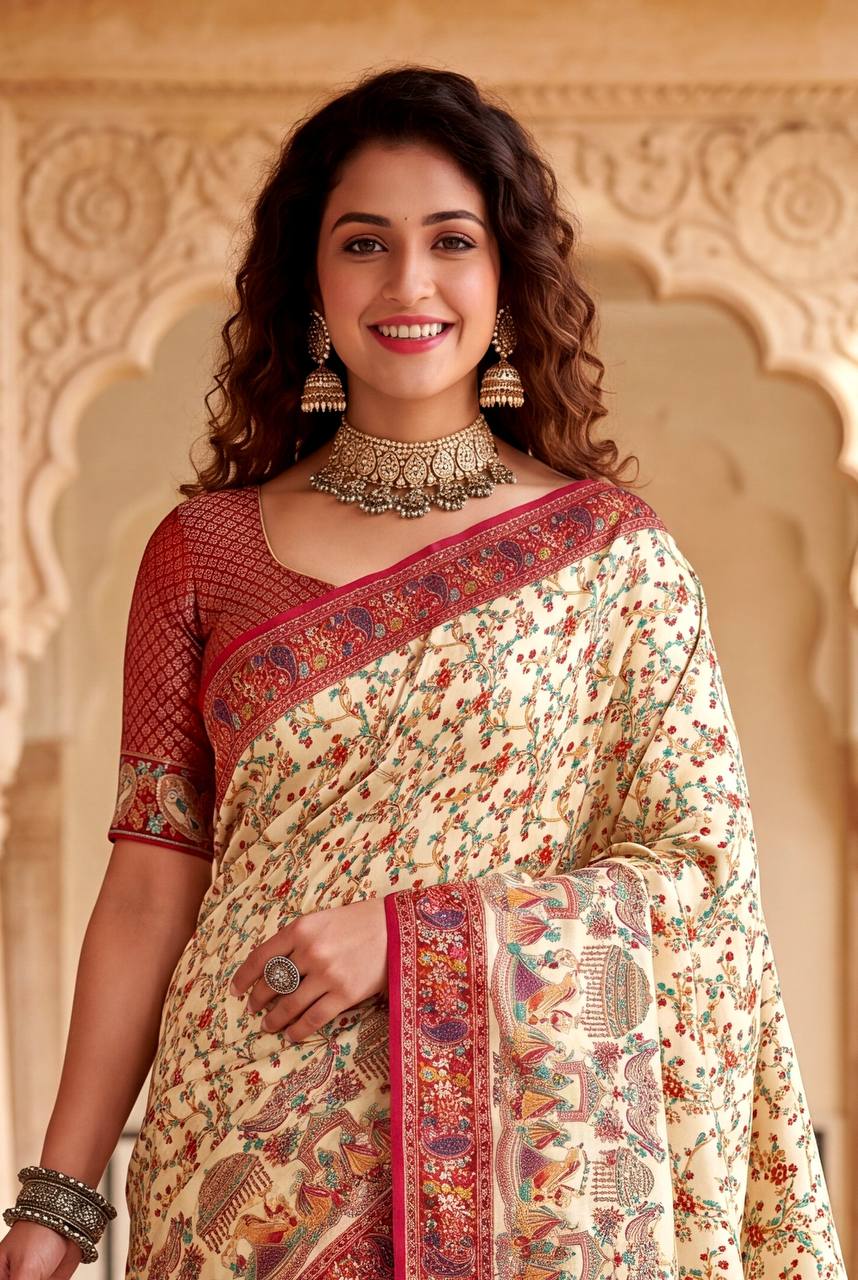 Royal Rajwadi Pashmina Silk Kashmiri Weaving Saree-OFF WHITE