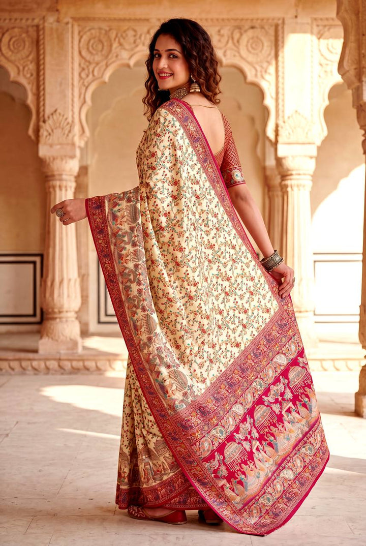 Royal Rajwadi Pashmina Silk Kashmiri Weaving Saree-OFF WHITE