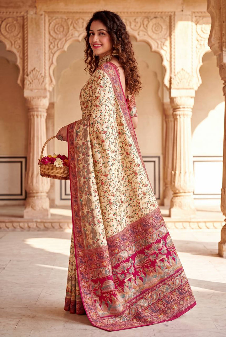 Royal Rajwadi Pashmina Silk Kashmiri Weaving Saree-OFF WHITE