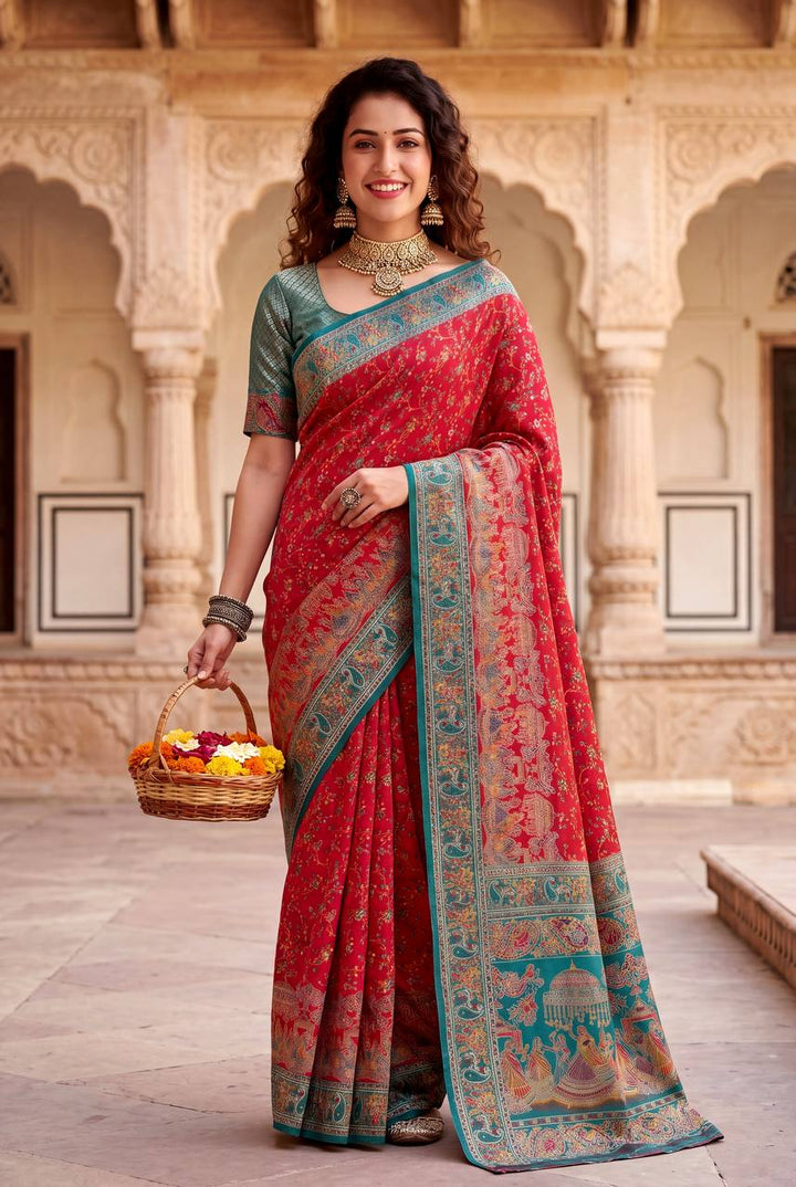 Royal Rajwadi Pashmina Silk Kashmiri Weaving Saree-RED