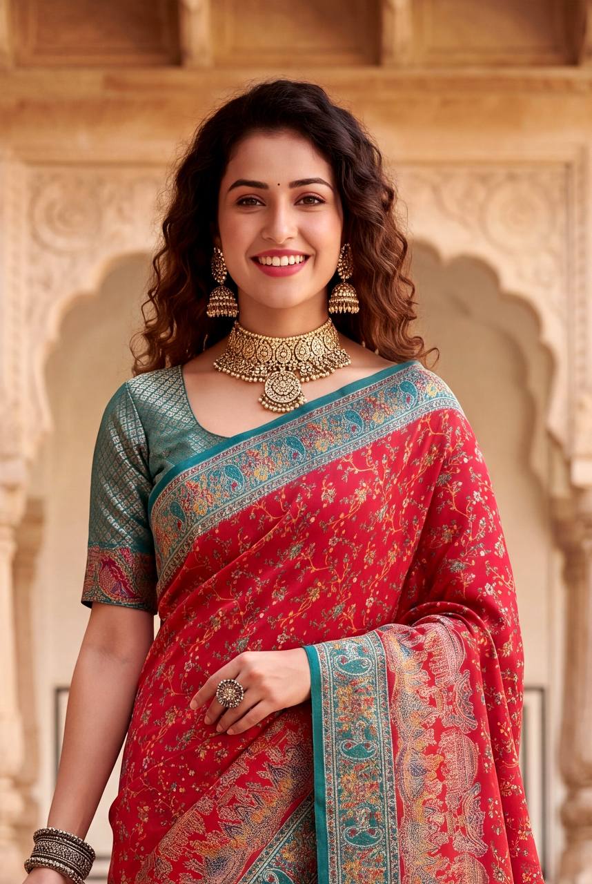 Royal Rajwadi Pashmina Silk Kashmiri Weaving Saree-RED
