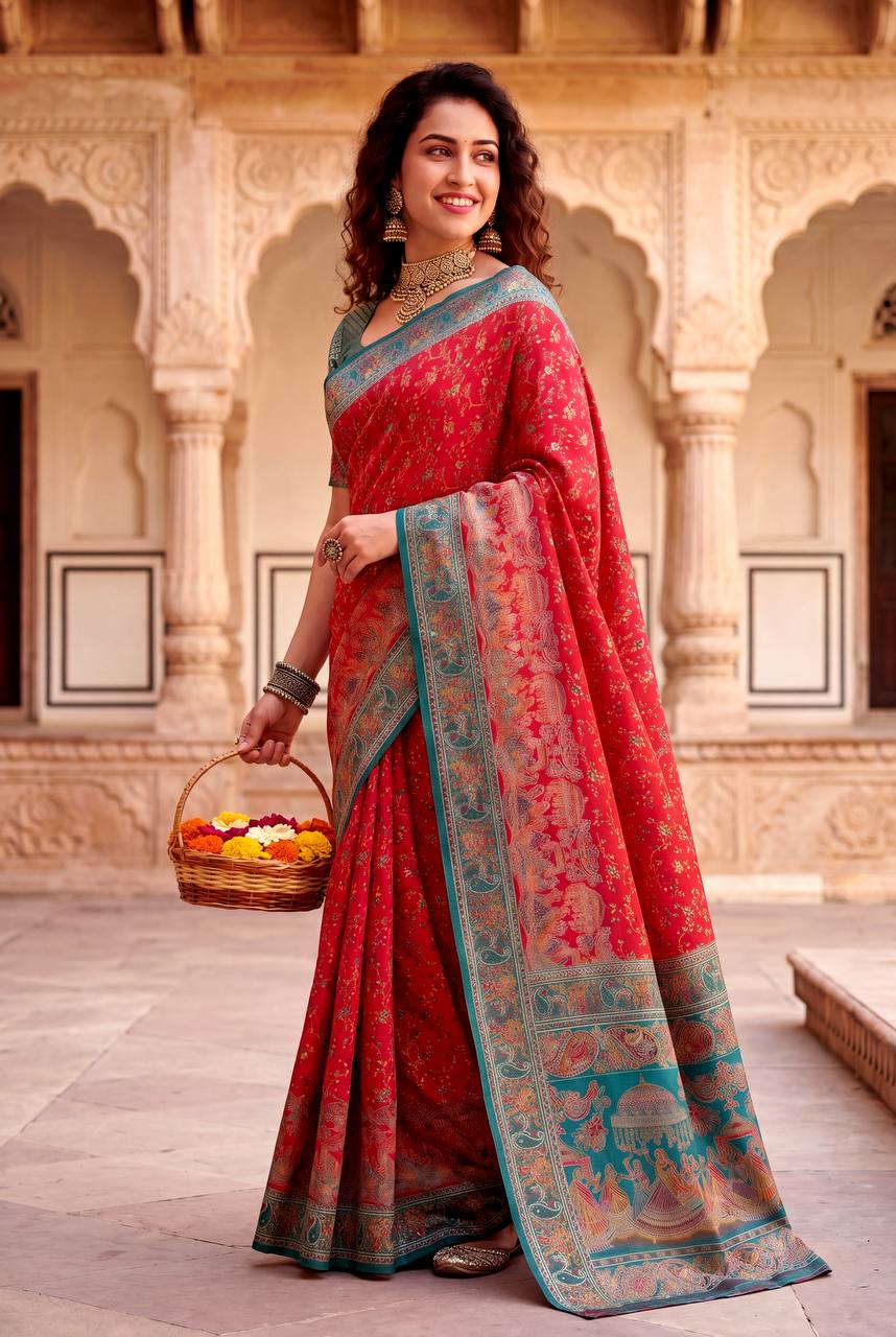 Royal Rajwadi Pashmina Silk Kashmiri Weaving Saree-RED