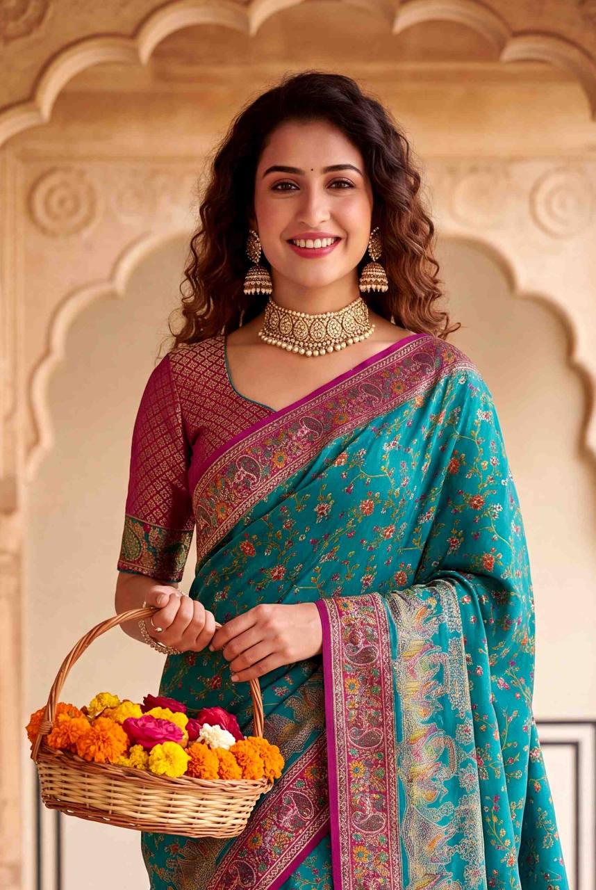 Royal Rajwadi Pashmina Silk Kashmiri Weaving Saree-RAMA