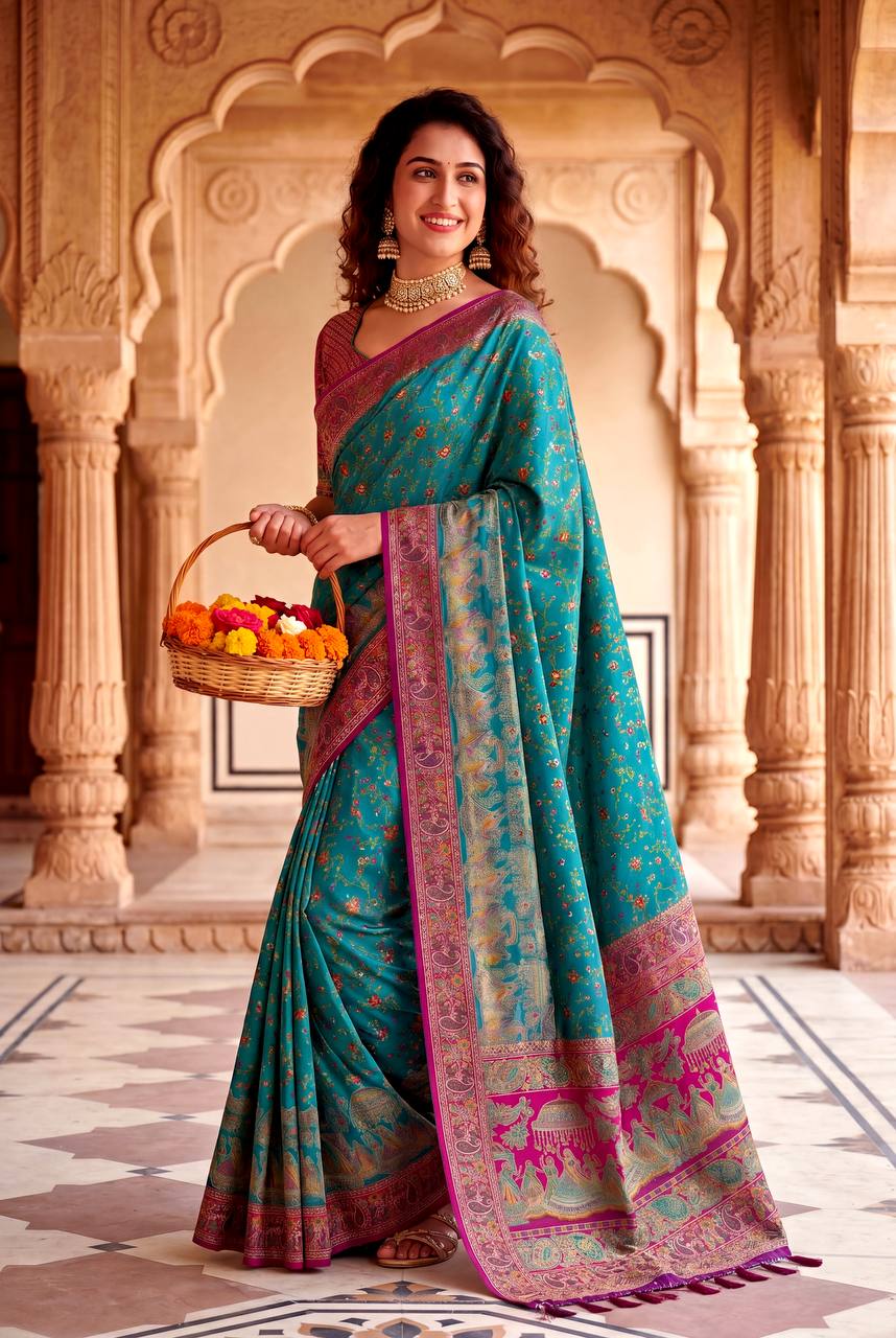Royal Rajwadi Pashmina Silk Kashmiri Weaving Saree-RAMA