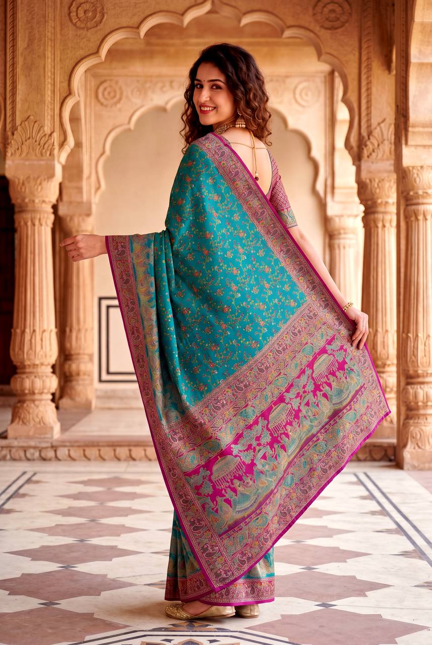 Royal Rajwadi Pashmina Silk Kashmiri Weaving Saree-RAMA