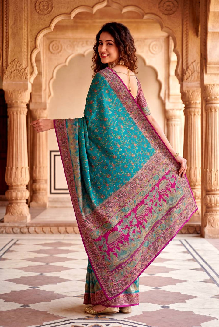 Royal Rajwadi Pashmina Silk Kashmiri Weaving Saree-RAMA