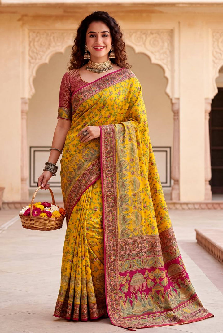 Royal Rajwadi Pashmina Silk Kashmiri Weaving Saree-YELLOW