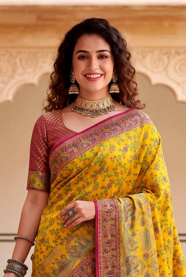 Royal Rajwadi Pashmina Silk Kashmiri Weaving Saree-YELLOW