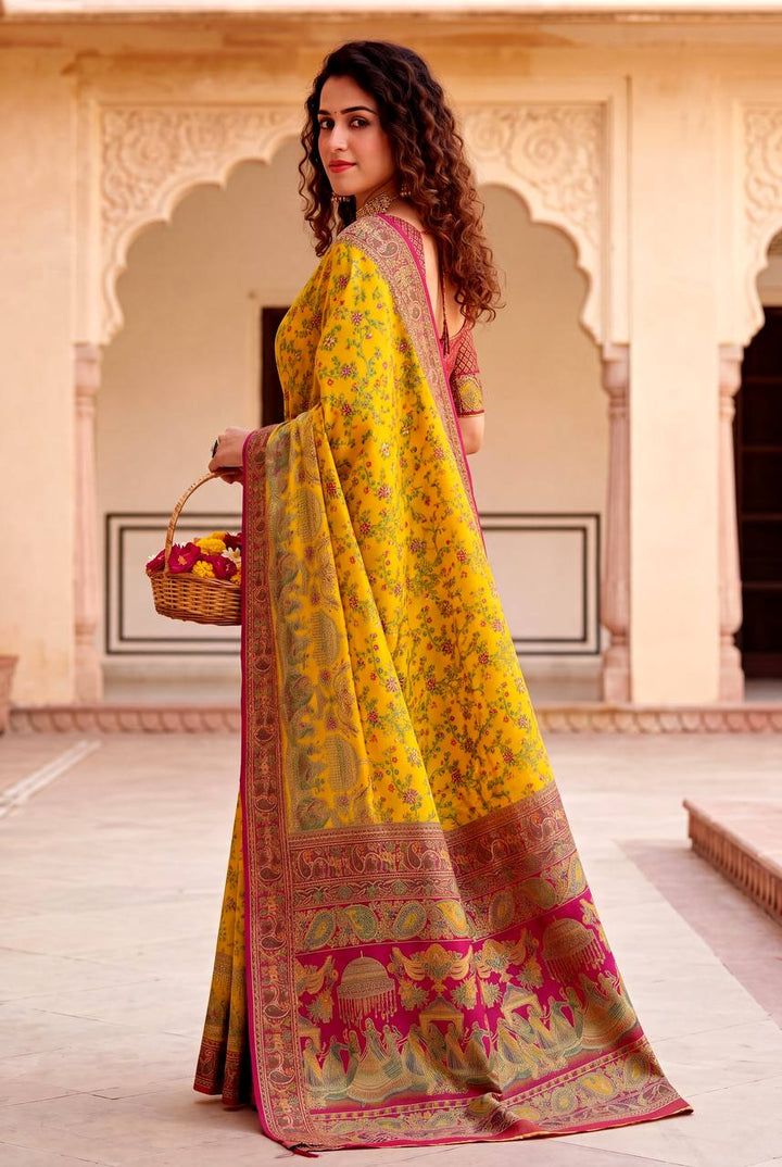 Royal Rajwadi Pashmina Silk Kashmiri Weaving Saree-YELLOW