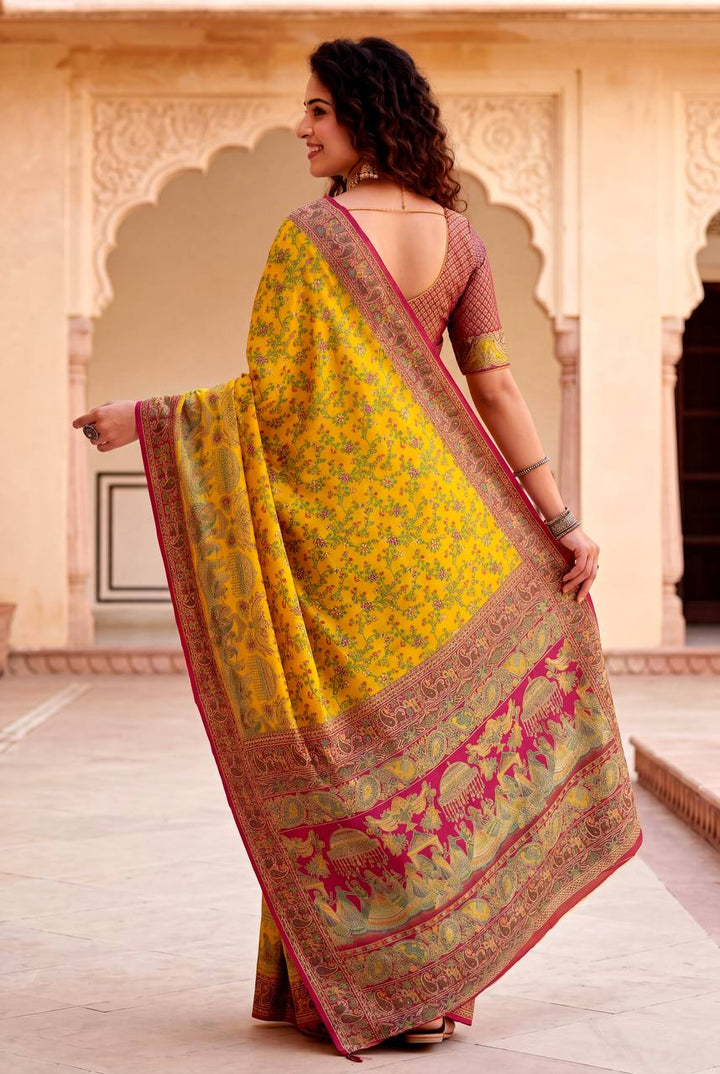 Royal Rajwadi Pashmina Silk Kashmiri Weaving Saree-YELLOW