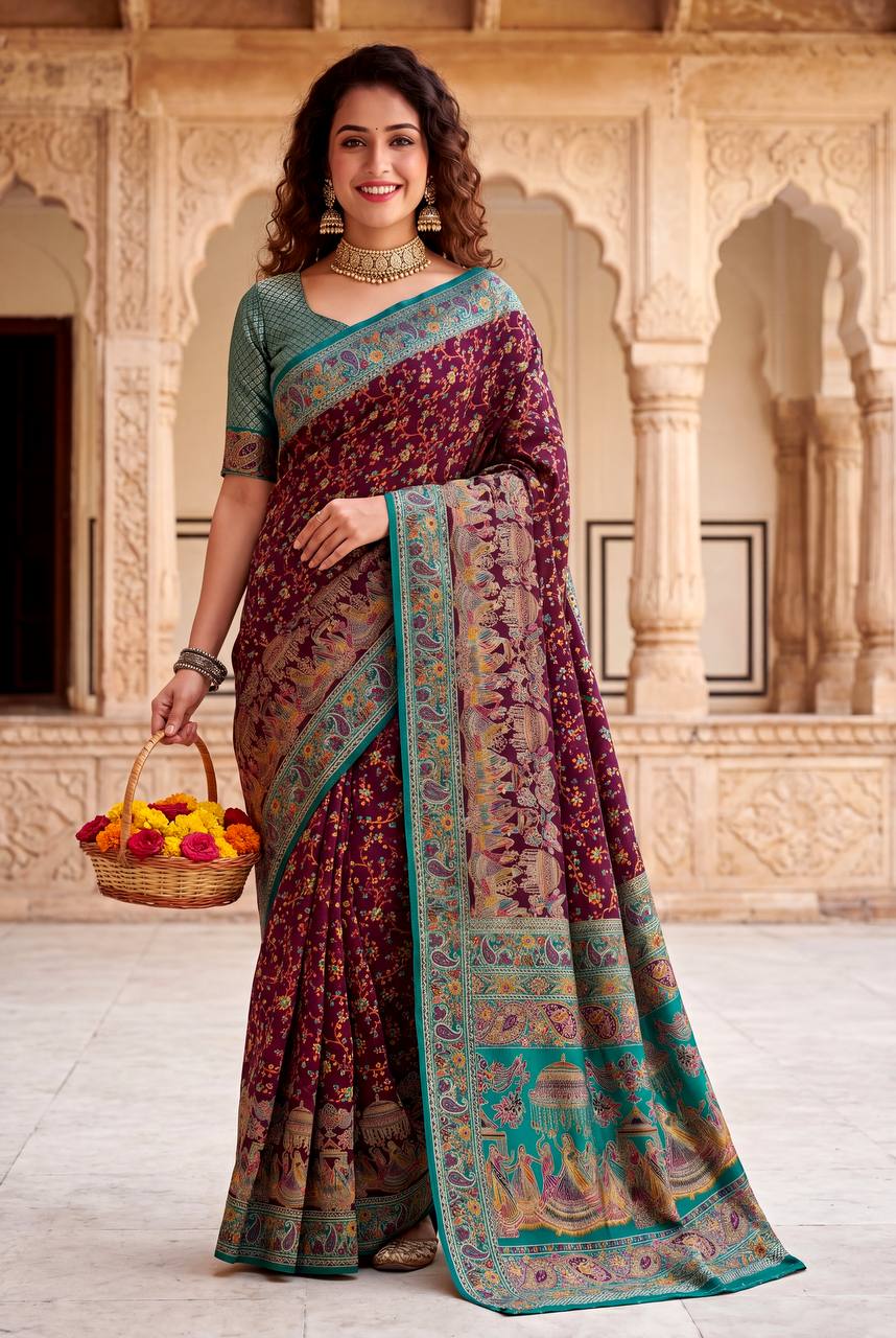 Royal Rajwadi Pashmina Silk Kashmiri Weaving Saree-WINE