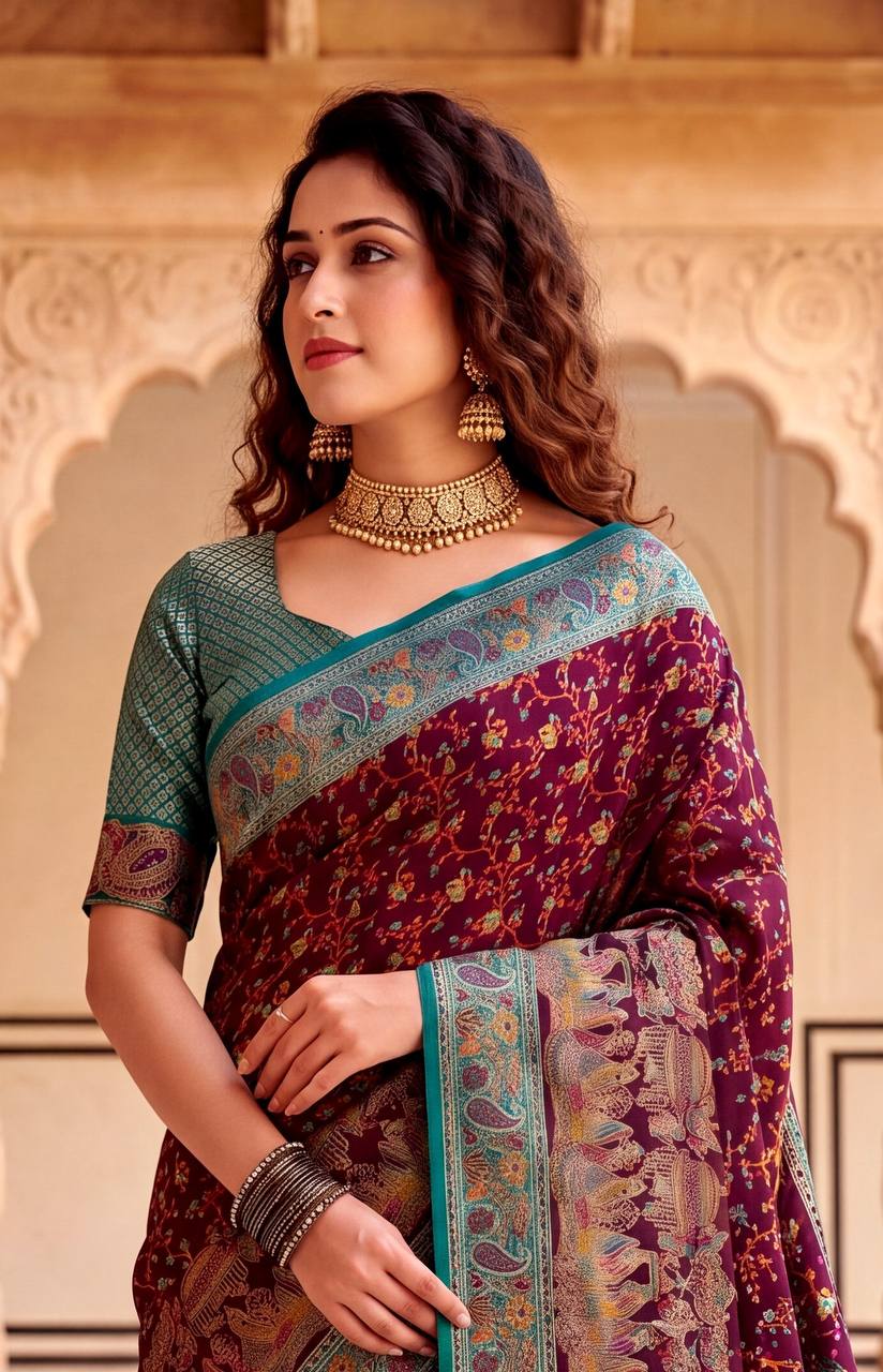Royal Rajwadi Pashmina Silk Kashmiri Weaving Saree-WINE
