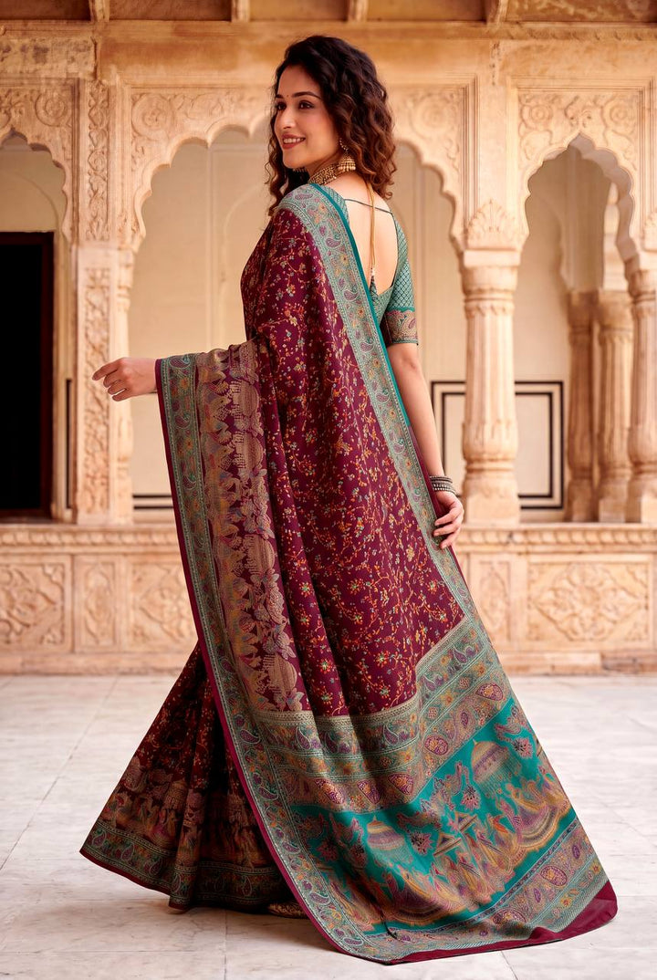 Royal Rajwadi Pashmina Silk Kashmiri Weaving Saree-WINE