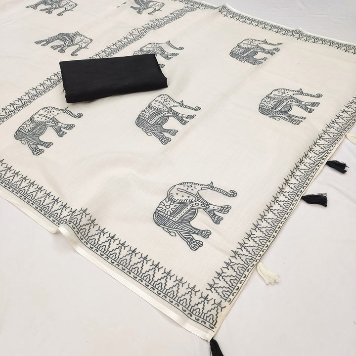 Elegant Elephant Print Soft Linen Cotton Saree with Tassels
