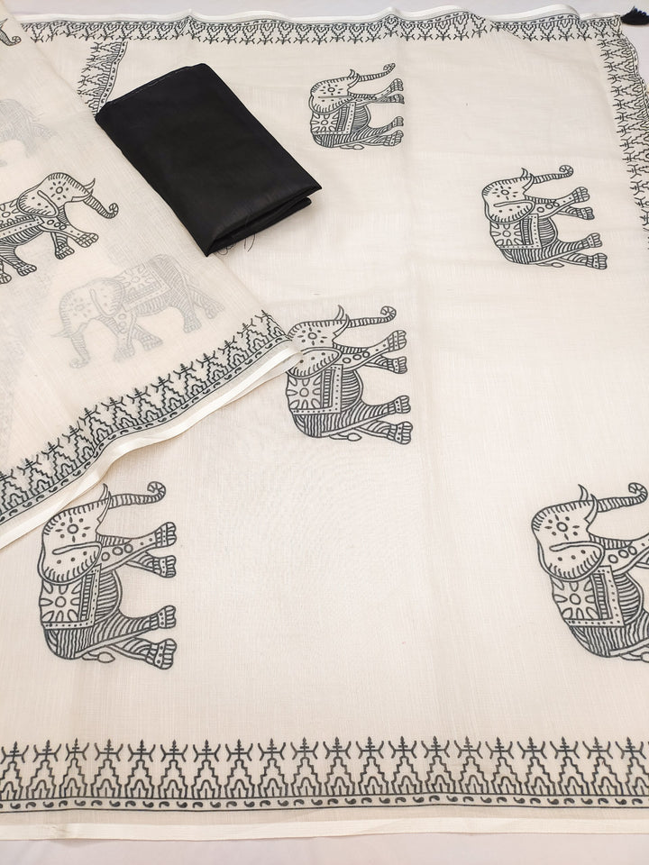 Elegant Elephant Print Soft Linen Cotton Saree with Tassels
