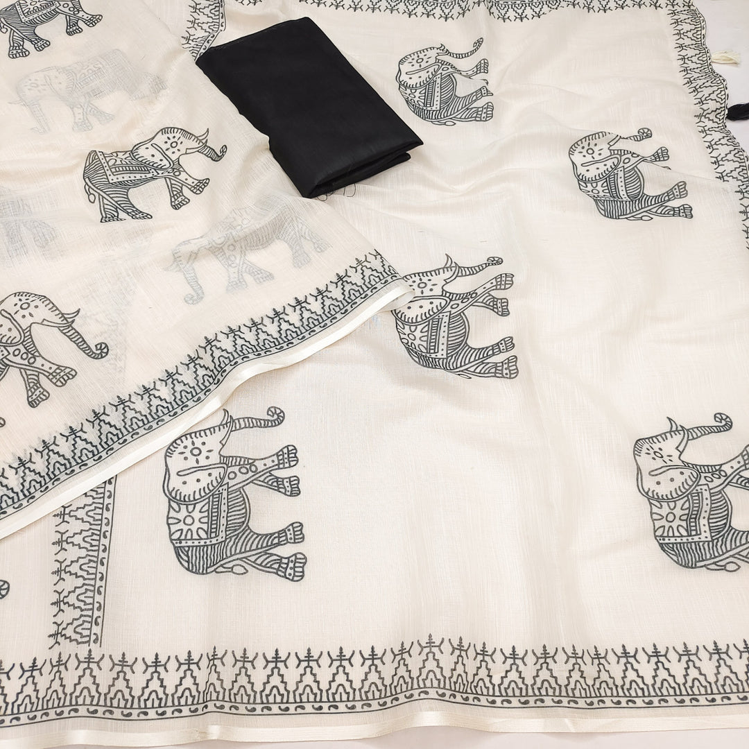 Elegant Elephant Print Soft Linen Cotton Saree with Tassels