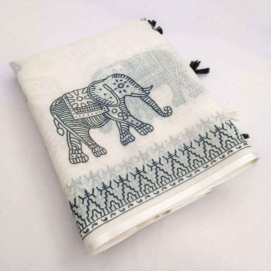 Elegant Elephant Print Soft Linen Cotton Saree with Tassels