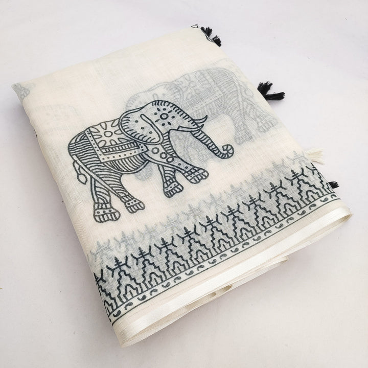 Elegant Elephant Print Soft Linen Cotton Saree with Tassels