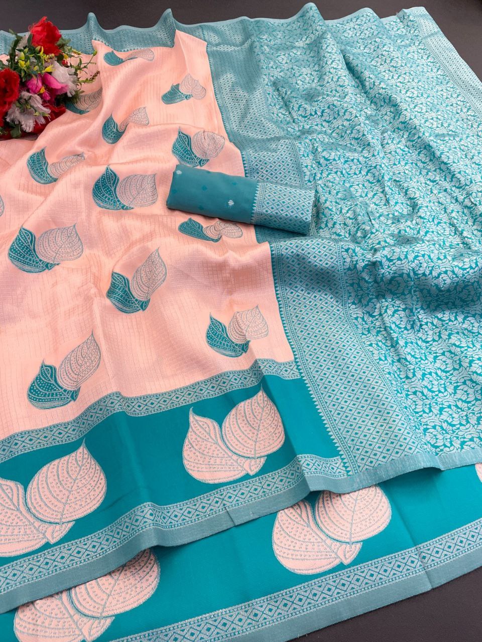 Premium Tissue Silk Kanjivaram Saree with Copper Zari - SKY &amp; PEACH