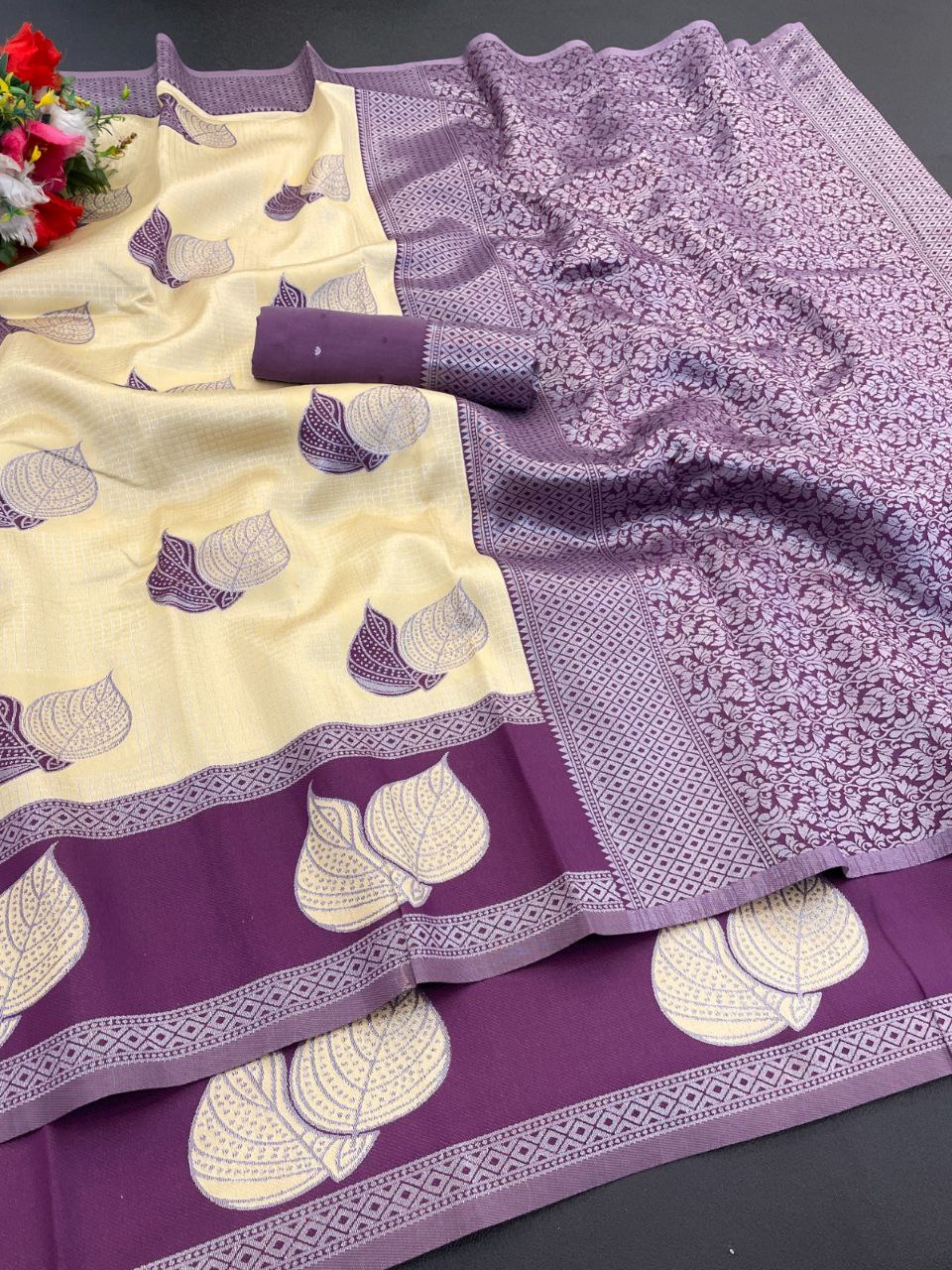 Premium Tissue Silk Kanjivaram Saree with Copper Zari - YELLOW &amp; WINE