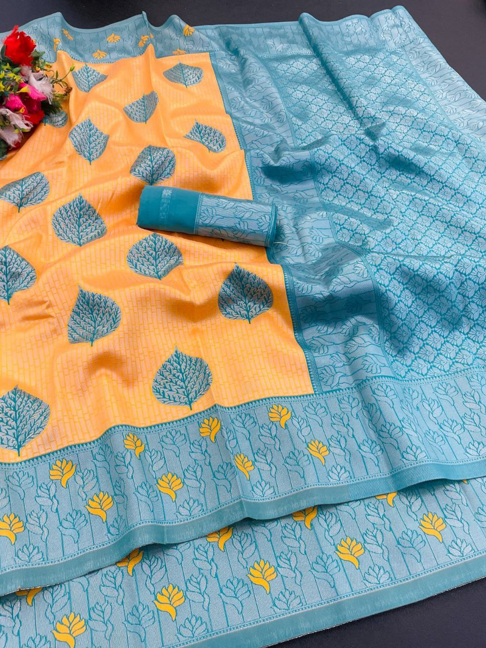 Premium Tissue Silk Kanjivaram Saree with Copper Zari - ORANGE &amp; SKY