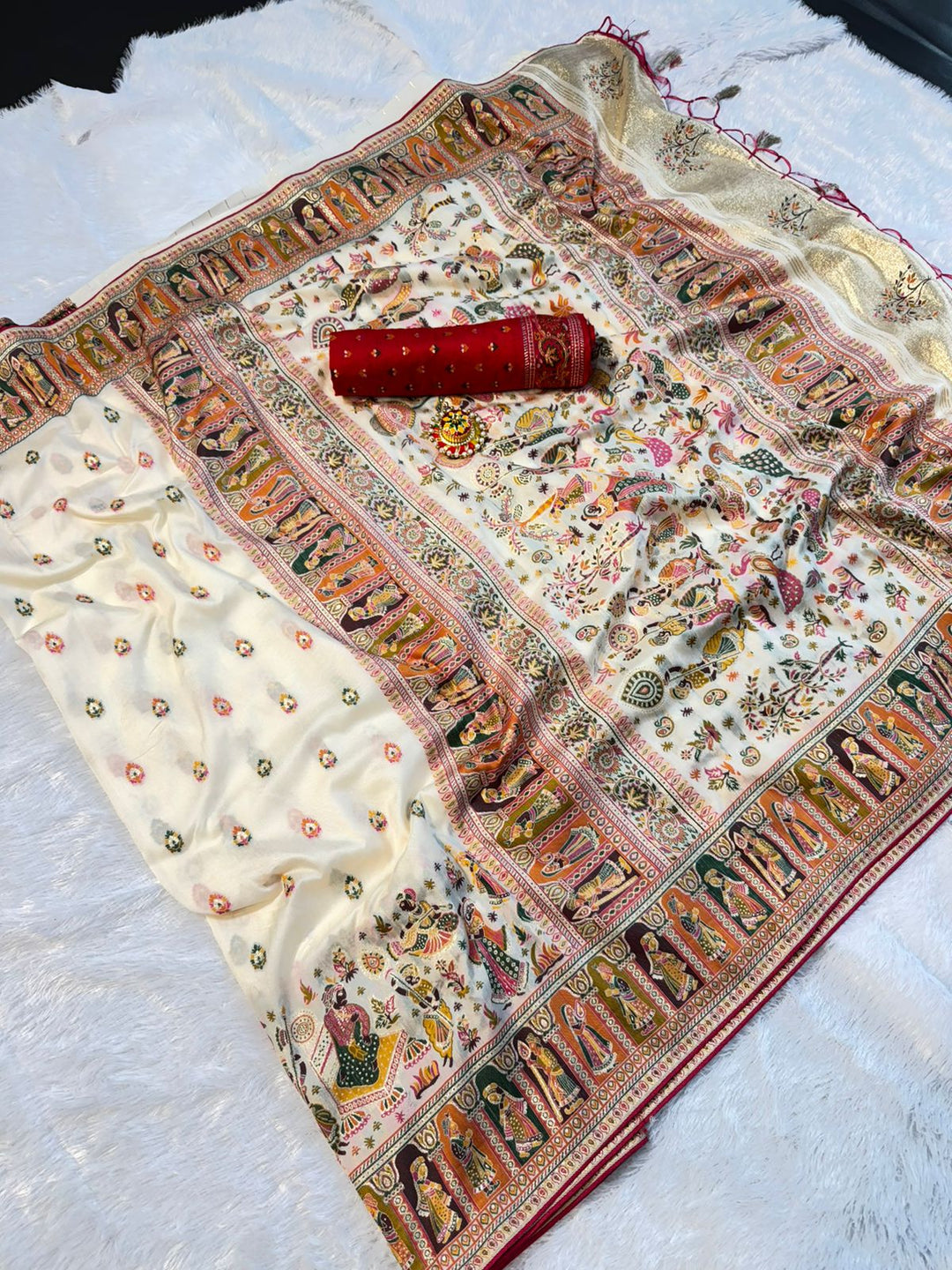 Mustard  Paithani Print Saree  WHITE