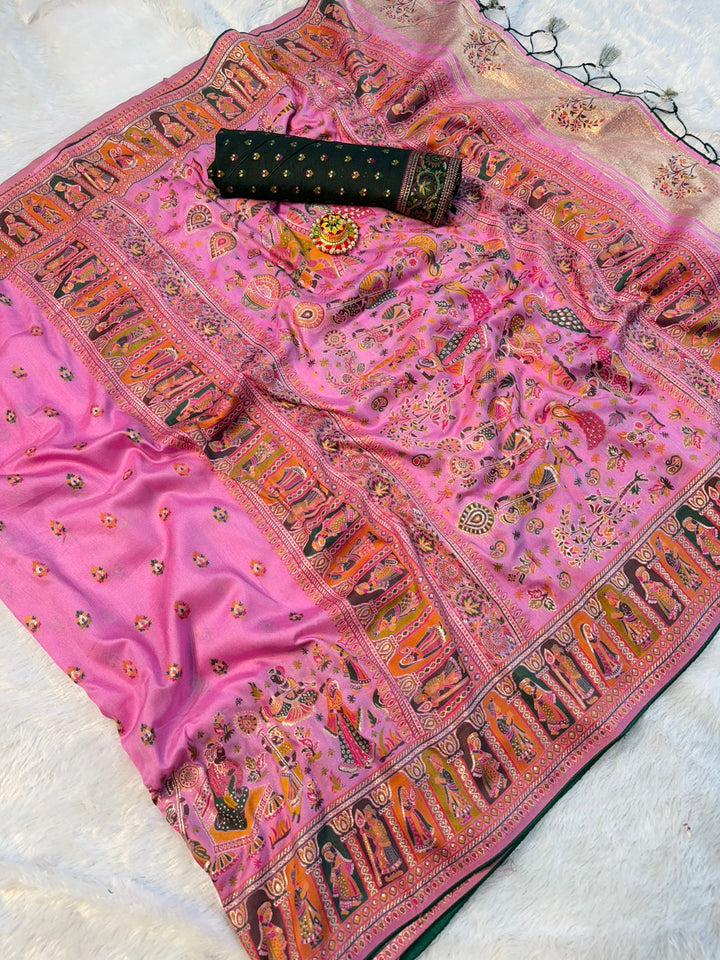 Mustard  Paithani Print Saree  PINK