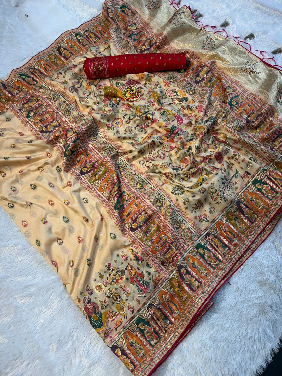 Mustard  Paithani Print Saree  CREAM