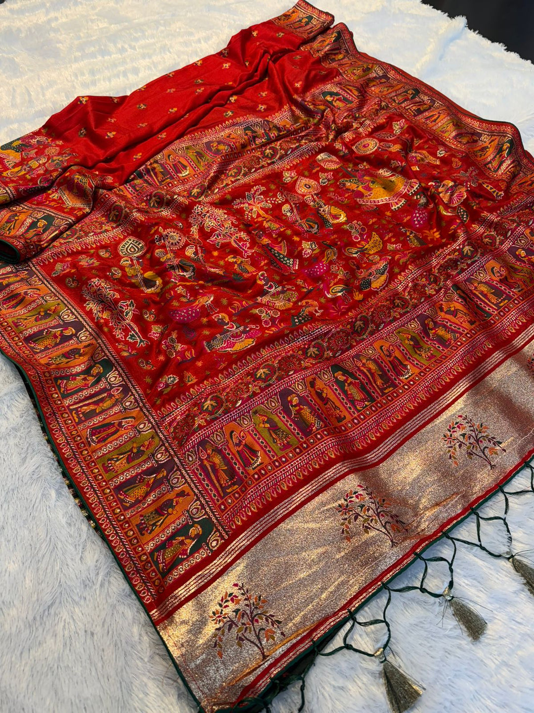 Mustard  Paithani Print Saree RED
