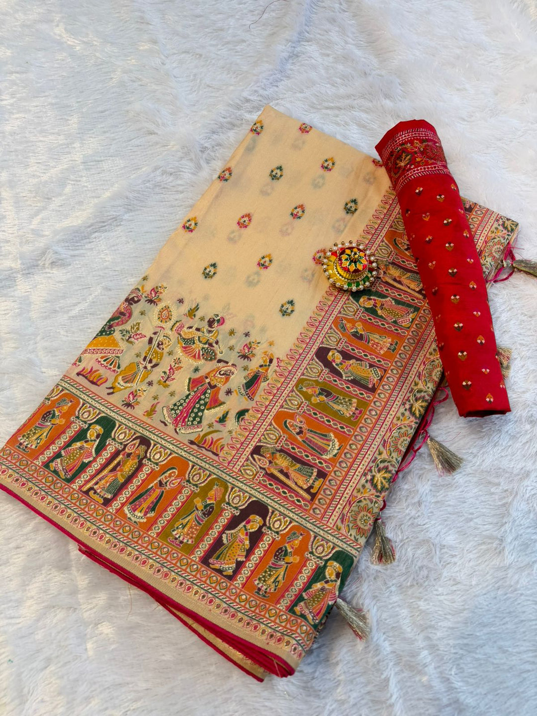 Mustard  Paithani Print Saree  CREAM
