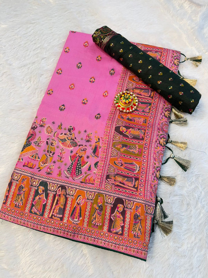 Mustard  Paithani Print Saree  PINK