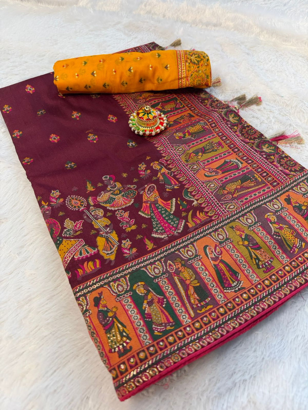 Mustard  Paithani Print Saree MAROON