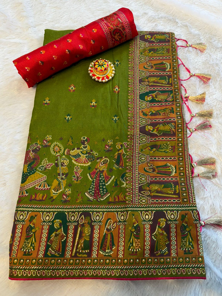 Mustard  Paithani Print Saree  MAHENDI