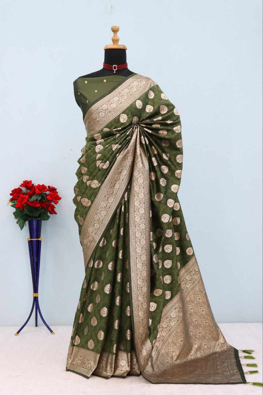 Emerald Olive Brocade Banarasi Saree  GREEN