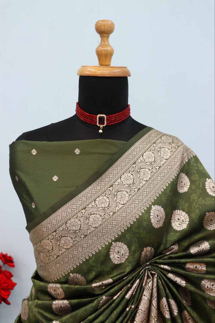 Emerald Olive Brocade Banarasi Saree  GREEN
