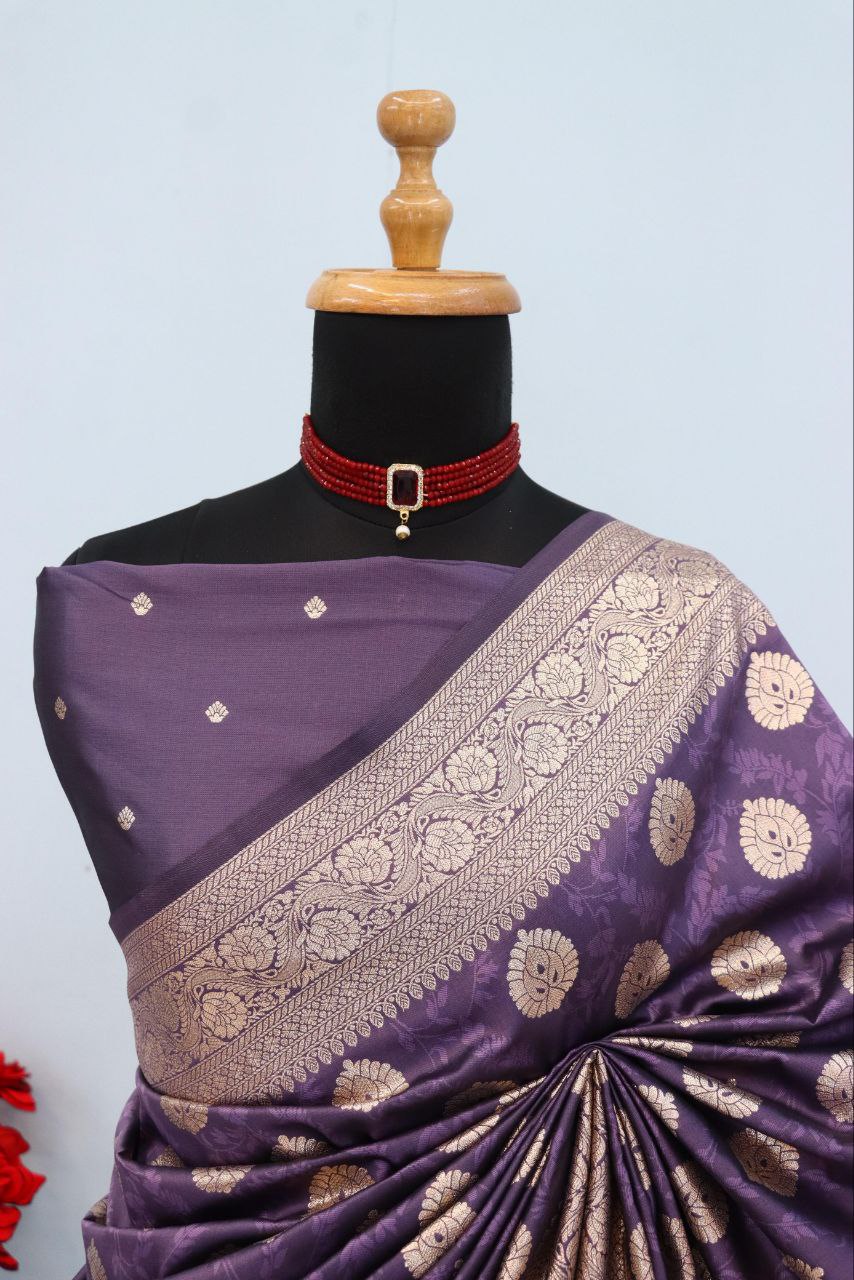 Emerald Olive Brocade Banarasi Saree  PURPLE