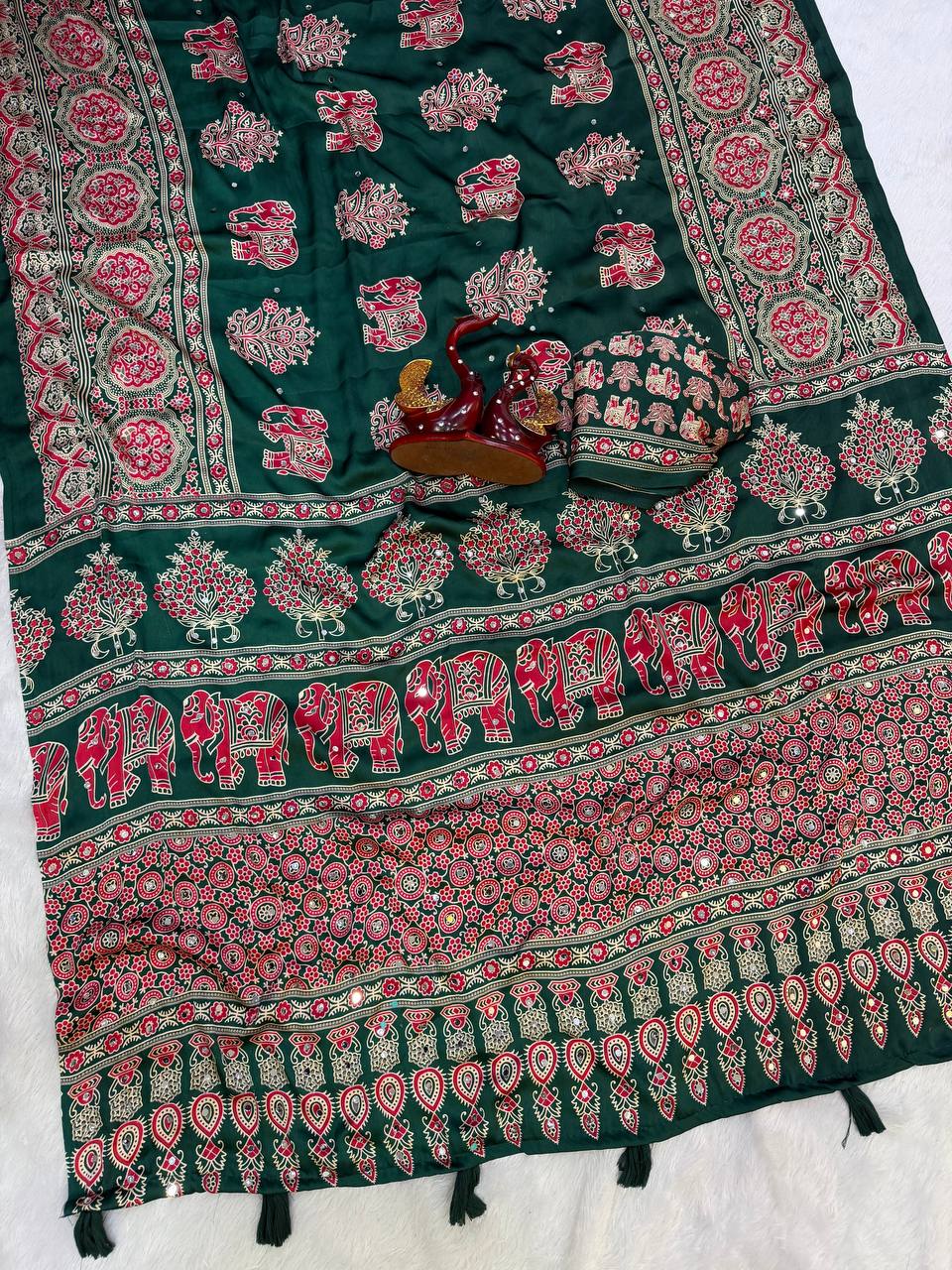 Ajarakh Mirror Majesty Heavy Japan Satin Designer Saree-GREEN