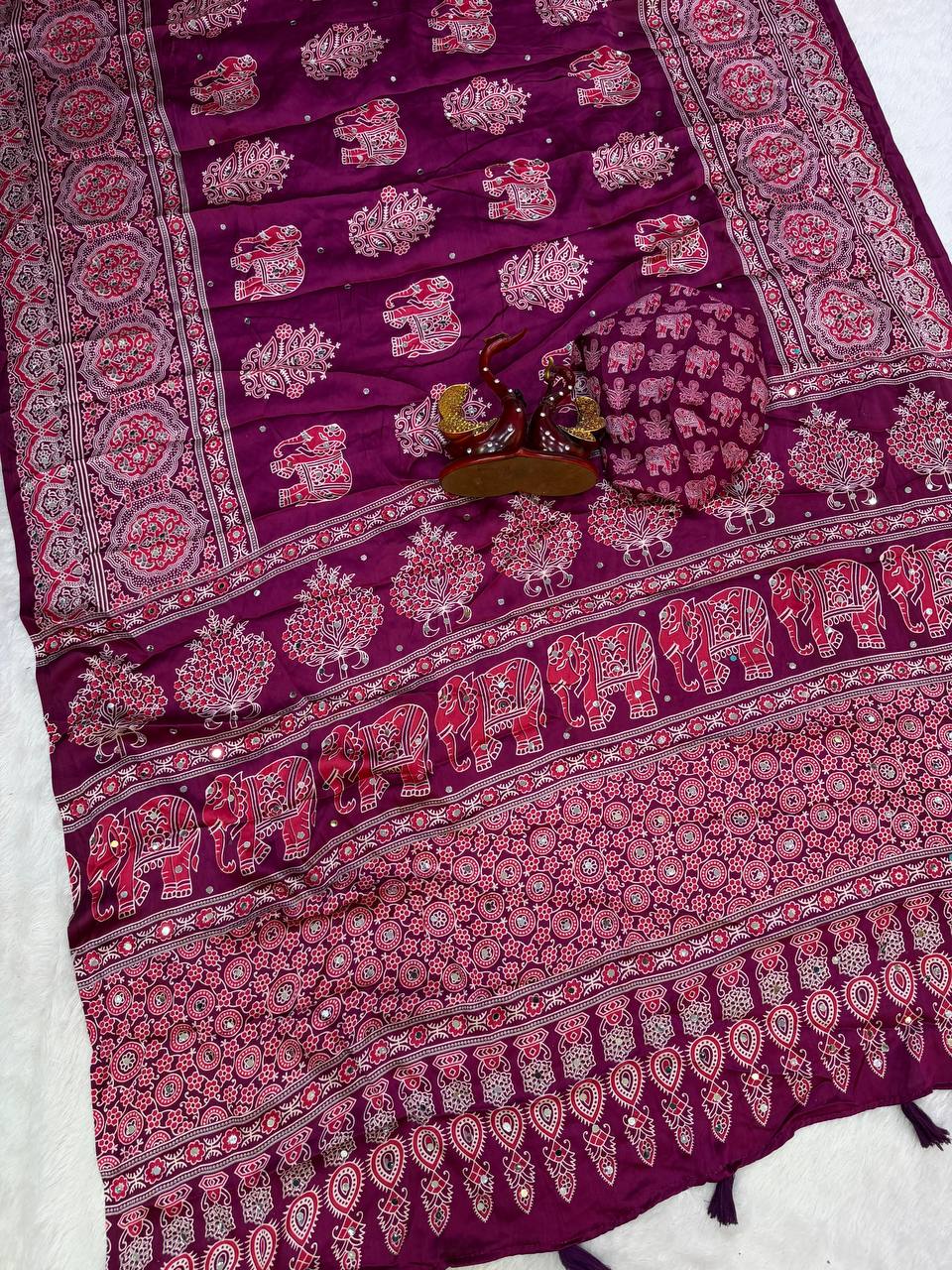 Ajarakh Mirror Majesty Heavy Japan Satin Designer Saree-WINE