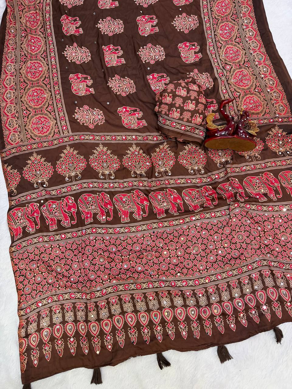 Ajarakh Mirror Majesty Heavy Japan Satin Designer Saree-BROWN