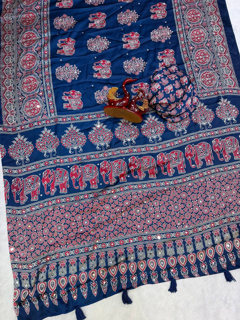 Ajarakh Mirror Majesty Heavy Japan Satin Designer Saree-BLUE