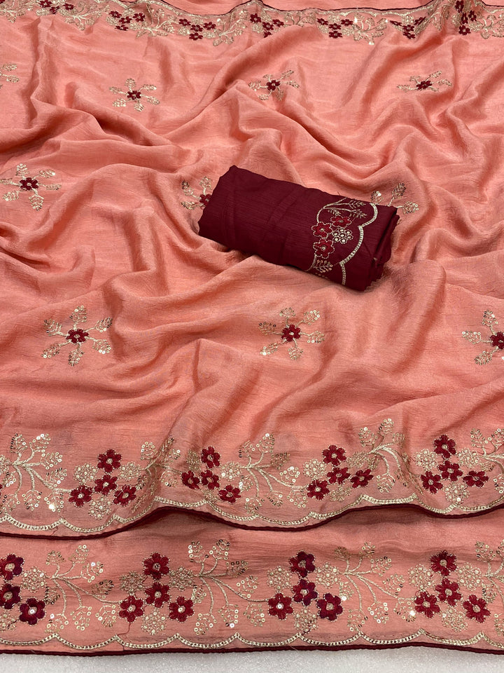 Wedding Wear Peach Embroidered Saree with Designer Blouse Piece-PEACH