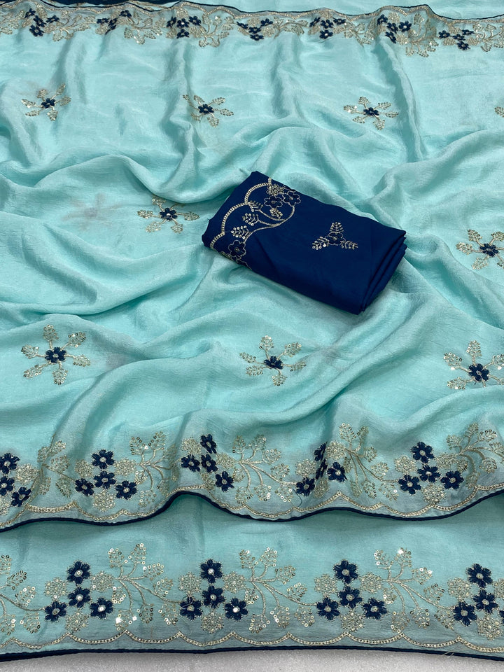 Wedding Wear Peach Embroidered Saree with Designer Blouse Piece-SKY BLUE