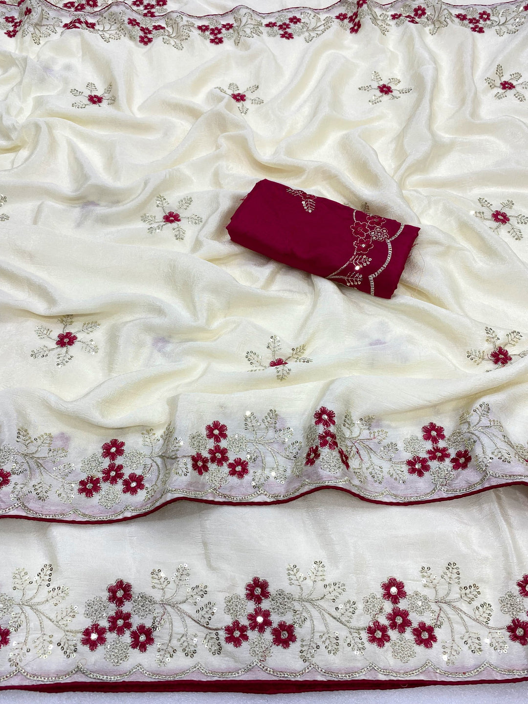 Wedding Wear Peach Embroidered Saree with Designer Blouse Piece-OFF WHITE
