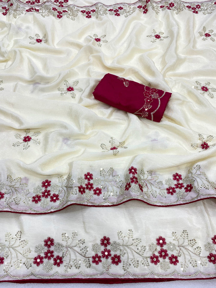 Wedding Wear Peach Embroidered Saree with Designer Blouse Piece-OFF WHITE