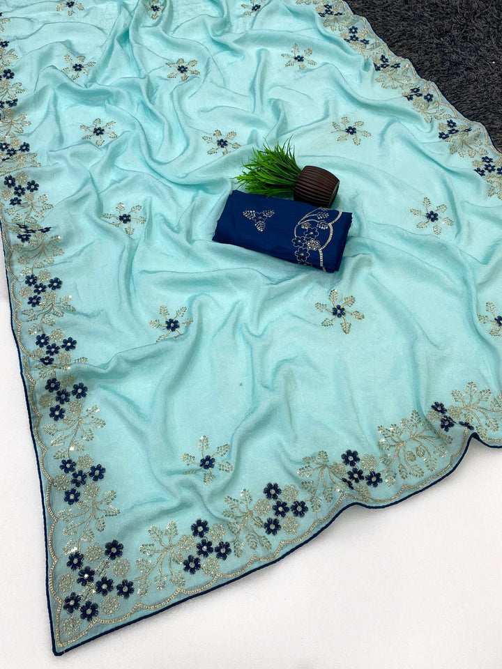 Wedding Wear Peach Embroidered Saree with Designer Blouse Piece-SKY BLUE