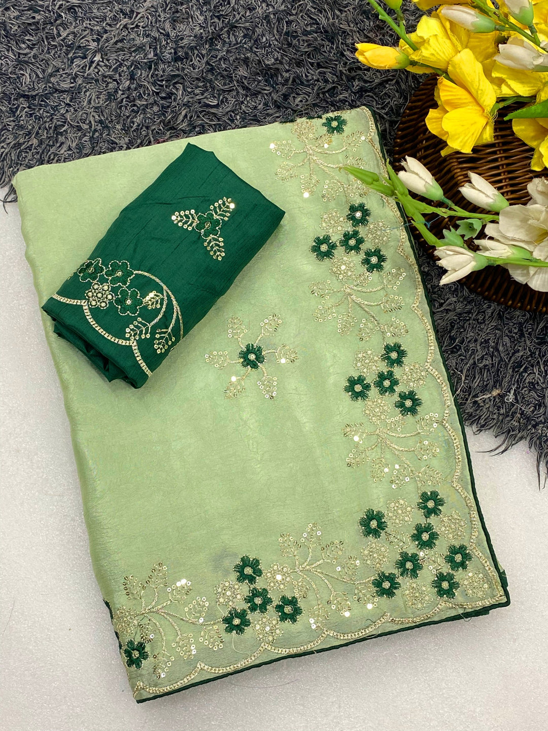 Wedding Wear Peach Embroidered Saree with Designer Blouse Piece-GREEN
