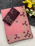 Wedding Wear Peach Embroidered Saree with Designer Blouse Piece-PINK